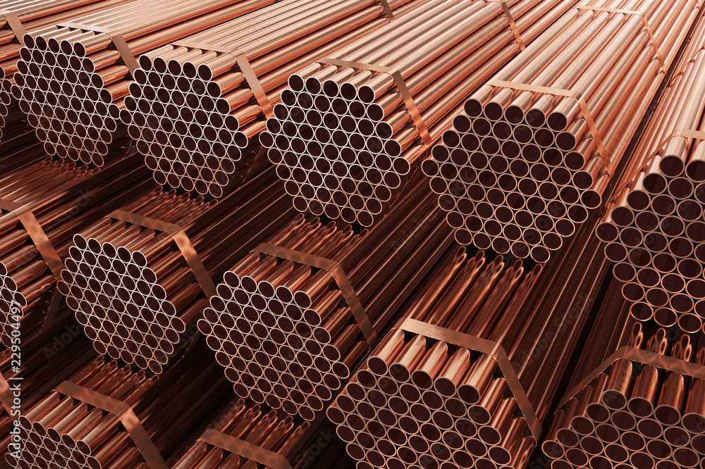 Copper pipes on warehouse. Rolled metal products. 