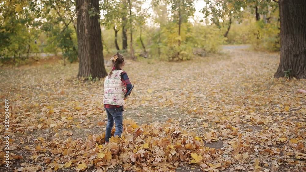 Little Girl rakes yellow leaves into a big pile with the help of a rake Little Girl rakes yellow leaves into a big pile with the help of a rake