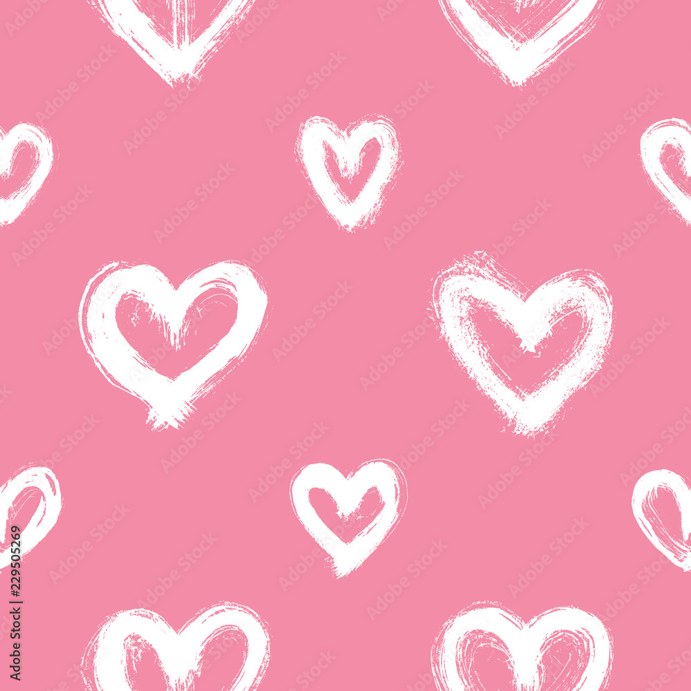 Seamless pattern with white hand-drawn uneven hearts isolated on pink background. Ink doodle style abstract grunge texture.