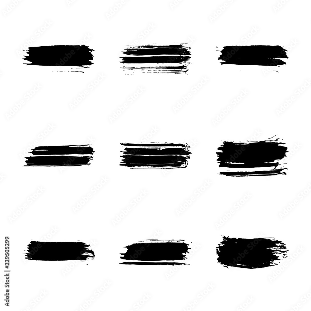 Set of 9 black horizontal hand-drawn ink brush strokes isolated on white background. Rough shapes. Doodle style abstract grunge texture. Set of 9 black horizontal hand-drawn ink brush strokes isolated on white background. Rough shapes. Doodle style abstract grunge texture.