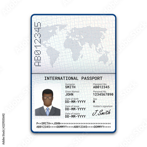 International passport template of the black man with sample of photo, signature and other personal data. Vector illustration