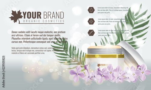 Vector illustration of Beautiful hydrating facial cream cosmetic ads on bubble background with flowers and palm leaf.