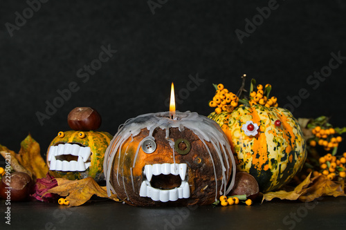 Three scary and ugly pumpkins for halloween