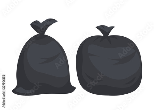 Packages with garbage. Big black plastic bags with wastes isolated on white background. Bag full of litter and rubbish.