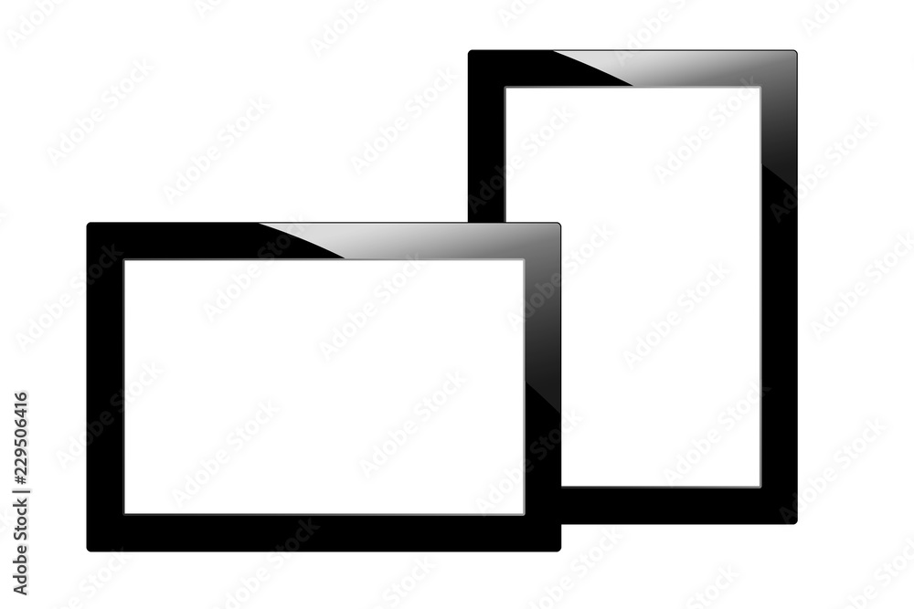 Modern black tablet computer isolated on white background. Two Tablet pc and screen with blank for your information Modern black tablet computer isolated on white background. Two Tablet pc and screen with blank for your information