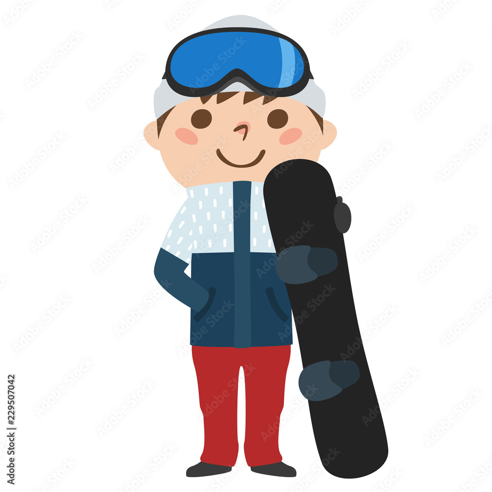 男の子のイラスト。ウィンタースポーツのスノーボードをしようとしている。 男の子のイラスト。ウィンタースポーツのスノーボードをしようとしている。