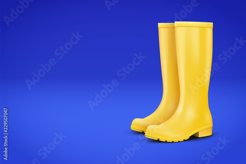 Autumn Advert Illustration. Pair of yellow rubber rain boots on blue background. Season sale and marketing. Shopping poster with copy space in trendy color. Vector