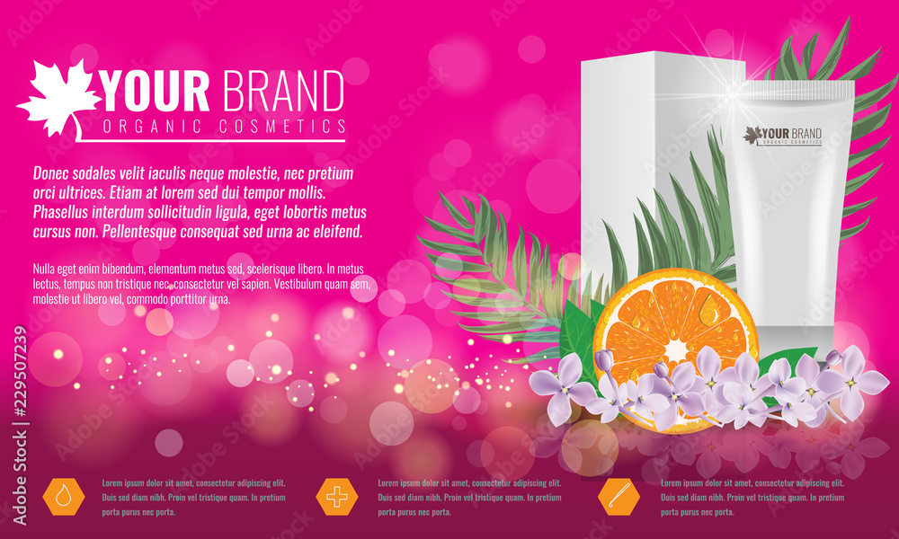 Naklejka premium Pink Cosmetics product ads poster template. Cosmetic beauty mockup. Cream tube package with flowers and palm leaf. Vector illustration.