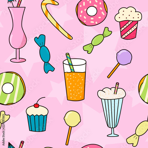 Seamless pattern with candies, donuts, cocktails and muffins. Vector illustration in hand drawn doodle style
