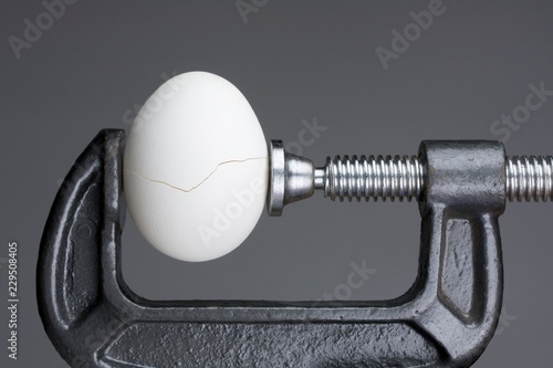 Under pressure.An egg cracking under pressure applied by squeezing clamps form the sides.