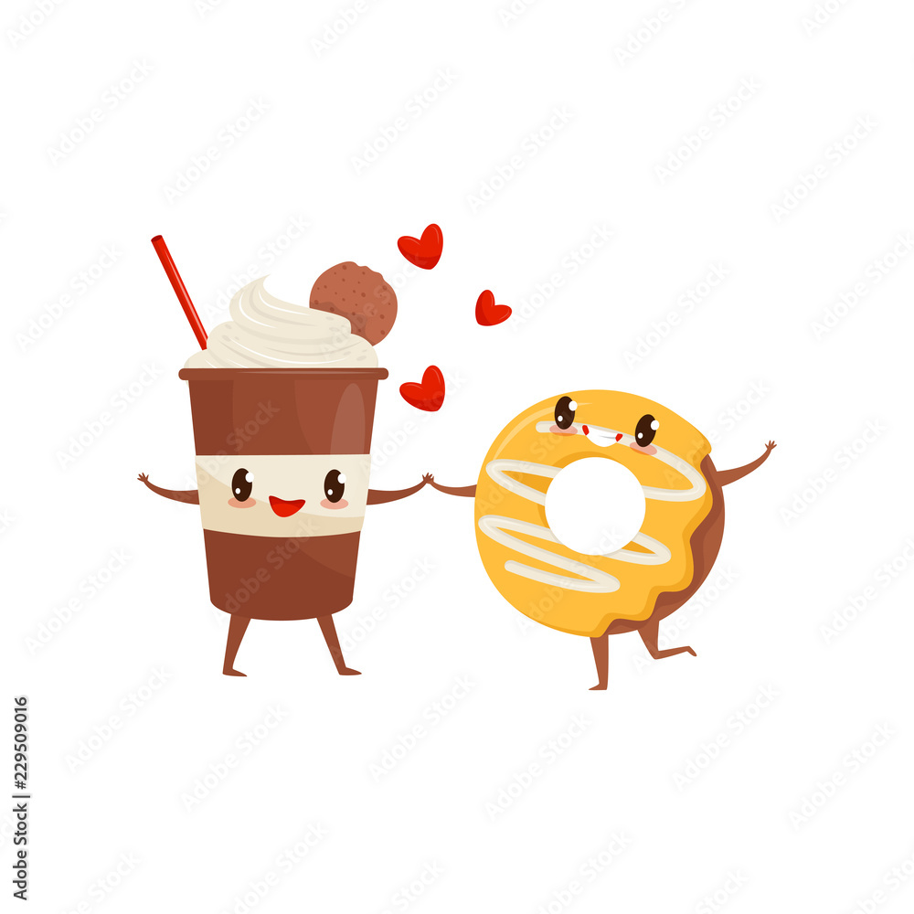 Milkshake and glazed donut are friends forever, fast food menu funny cartoon characters vector Illustration on a white background Milkshake and glazed donut are friends forever, fast food menu funny cartoon characters vector Illustration on a white background