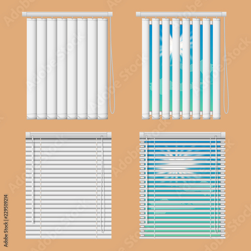 Window blinds mockup set. Vector realistic illustration windows with open and close horizontal and vertical blind curtains.