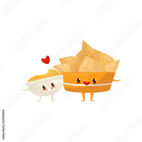 Nachos and spicy sauce are friends forever, fast food menu funny cartoon characters vector Illustration on a white background