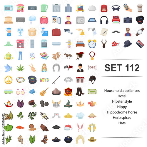 Vector illustration of household, appliance, hotel, hipster, style hippy hippodrome horse herb spices hats icon set.