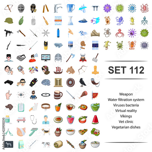 Vector illustration of weapon,water,filtration,system,viruses bacteria virtual reality vikings vet clinic vegetarian dishes icon set.