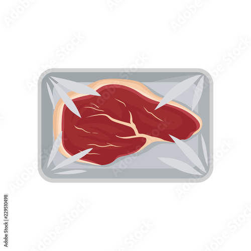 Fresh beef meat tenderloin packaging, food plastic tray container with transparent cellophane cover vector Illustration on a white background