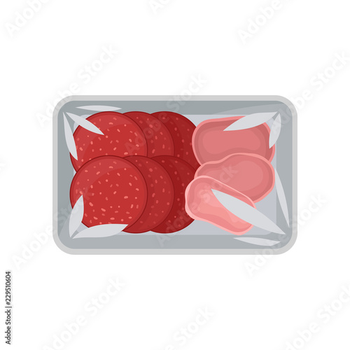 Sliced salami sausage and ham in the package with transparent wrap, food plastic tray container vector Illustration on a white background