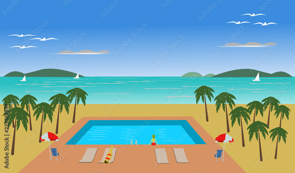 The location of the pool has coconut trees around. The sea and the blue sky are the background.