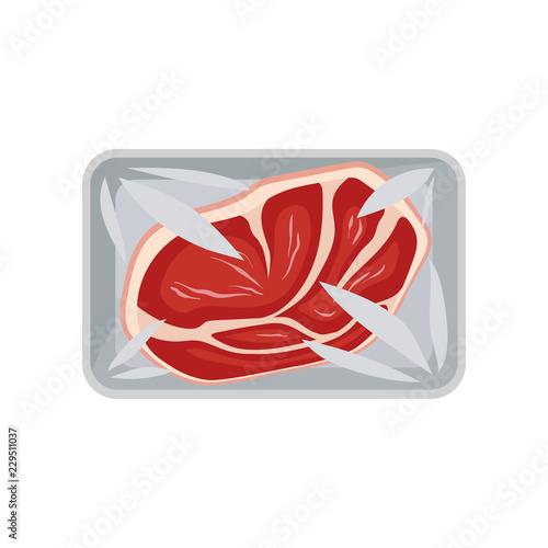 Raw tenderloin meat packaging, food plastic tray container with transparent cellophane cover vector Illustration on a white background