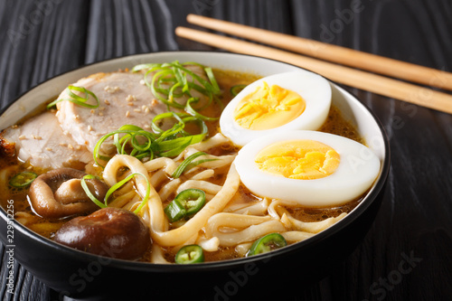 Traditional Japanese udon noodle soup with pork, boiled eggs, mushrooms and green onions closeup in a bowl. horizontal