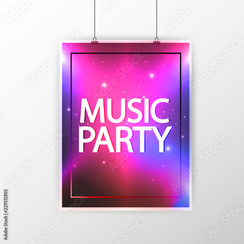 Music party poster, party flyer template vector illustration. Music party promotional banner with lights and reflectors