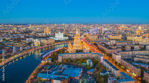 Aerial view of Moscow City with Moscow River, Russia, Moscow skyline with the historical architecture skyscraper and Moskva River.
