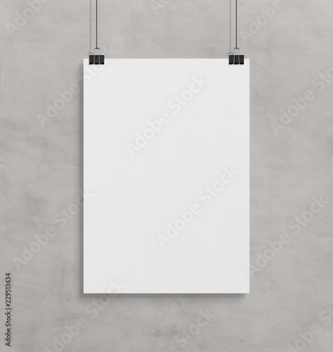Blank white poster hanging up with clips mockup