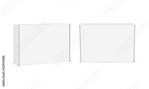 Two blank cardboard boxes - front and side view mock up isolated on white background. Vector illustration