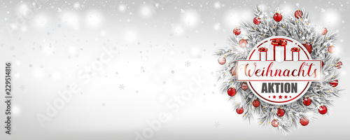 Banner für die Weihnachtsaktion mit einem Adventskranz mit Werbetext im Schnee
