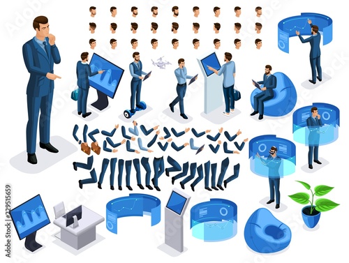 Isometric set business men with gadgets, create your character, a set of emotions, gestures of hands, feet, hairstyles