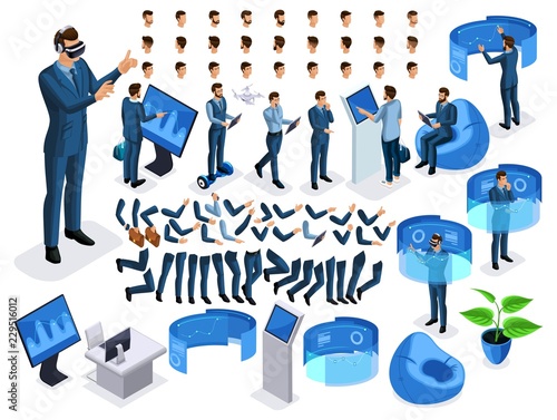 Isometric set business men with gadgets, create your character, a set of emotions, gestures of hands, feet, hairstyles