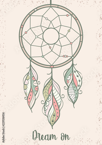 Hand drawn illustration of dream catcher, vector illustration with colorful ethnic feathers, poster