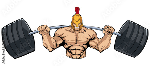 Illustration of strong Spartan warrior doing squats with a barbell on white background.
