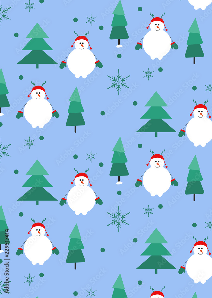 Seamless pattern with snowman and christmas tree, snowflake. Holiday art can be used for backgrounds, packing, postcard, poster.