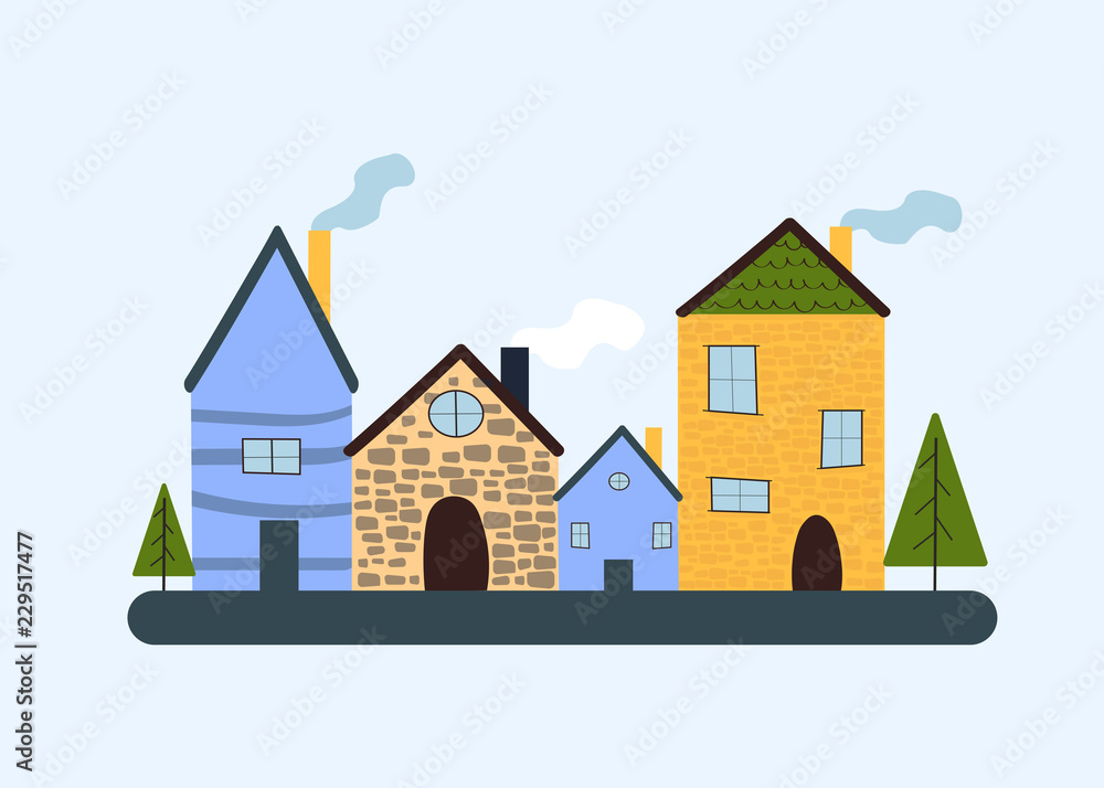 Set of houses in the flat style. Cozy village art. Set of houses in the flat style. Cozy village art.