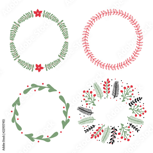 Christmas and New year decorative frame collection. Hand drawn doodle floral wreath
