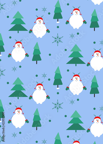 Seamless pattern with snowman and christmas tree  snowflake. Holiday art can be used for backgrounds  packing  postcard  poster.