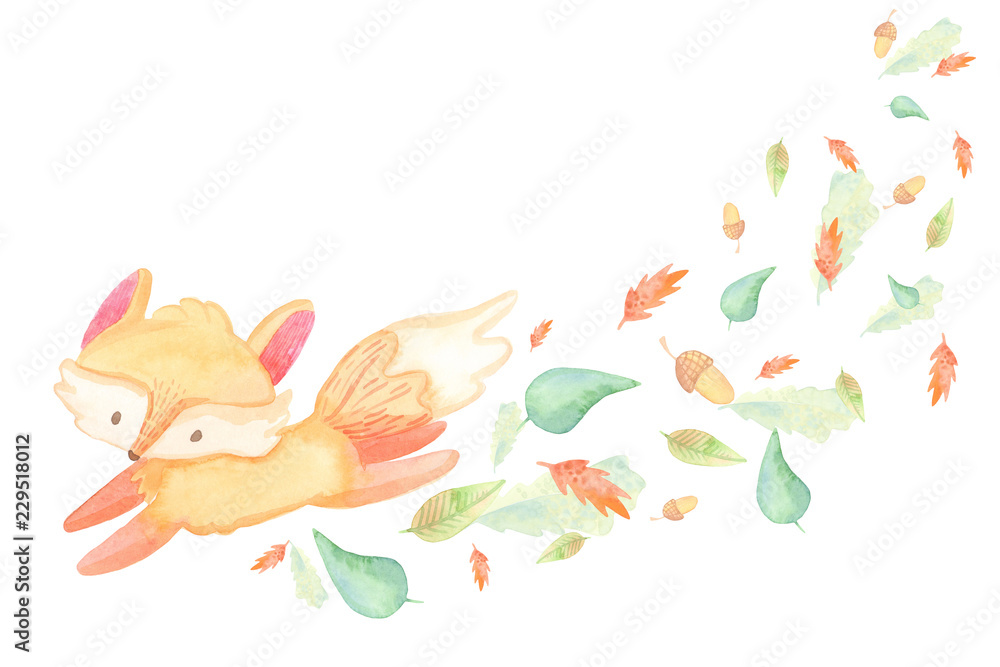 cartoon greeting card template. watercolor illustration. autumn, berries harvest, leaves, baby foxes. isolated on white background