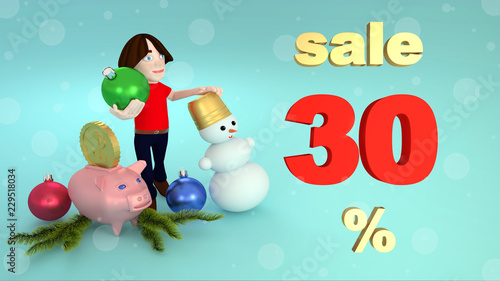New Year and Christmas sales thirty percent. 3D rendering