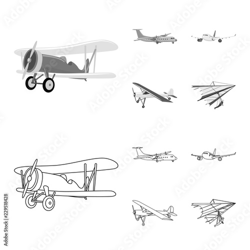 Vector illustration of plane and transport icon. Collection of plane and sky stock symbol for web.