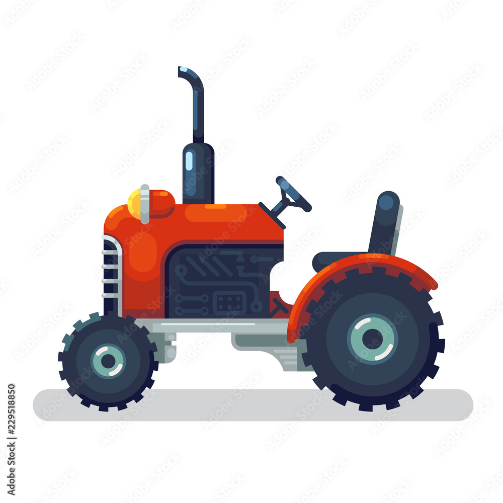 Flat red tractor in a flat style isolated. Agricultural transport for farm in flat style. Heavy agricultural machinery for field work. Tractor icon. Vector illustration. Flat red tractor in a flat style isolated. Agricultural transport for farm in flat style. Heavy agricultural machinery for field work. Tractor icon. Vector illustration.