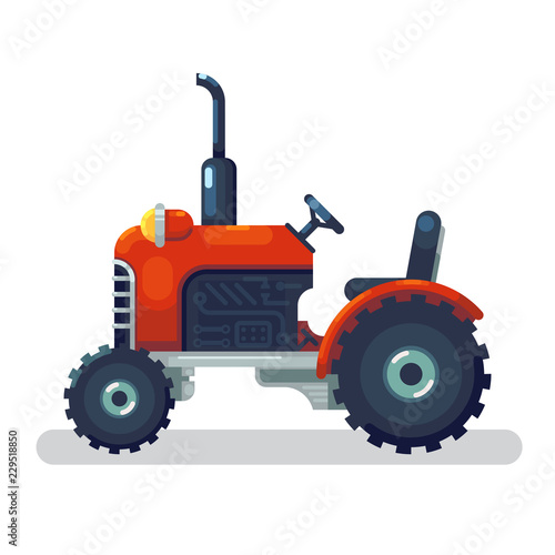 Flat red tractor in a flat style isolated. Agricultural transport for farm in flat style. Heavy agricultural machinery for field work. Tractor icon. Vector illustration.