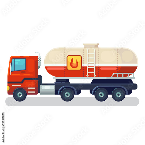 truck with tank and ladder. Heavy industrial vehicle with large reservoir for transporting liquid, gas, oil. Modern flat cartoons style vector illustration icons. Isolated on white.