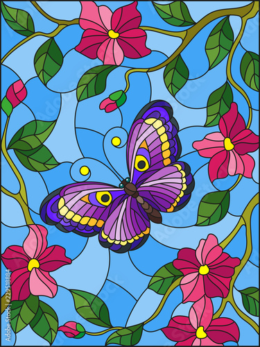 Illustration in stained glass style with a bright butterfly on a background of flowers and sky 