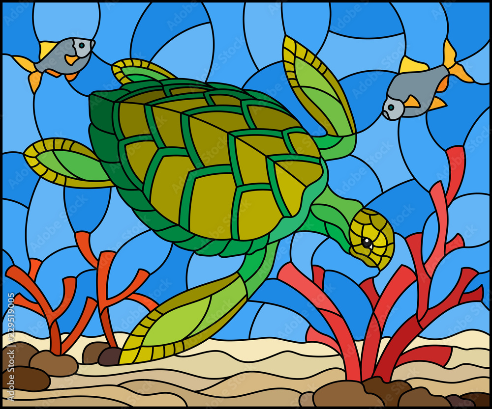 Obraz premium Illustration in stained glass style with sea turtle on the seabed background with algae, fish and stones