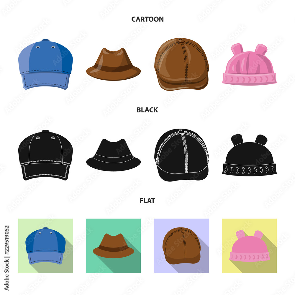 Vector design of headgear and cap sign. Set of headgear and accessory stock vector illustration. Vector design of headgear and cap sign. Set of headgear and accessory stock vector illustration.