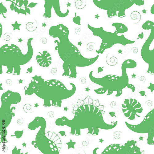Seamless pattern with dinosaurs and leaves  green silhouettes icons on a white background 