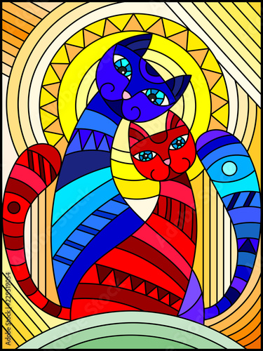Illustration in stained glass style with a pair of abstract geometric  cats on a orange  background with sun 