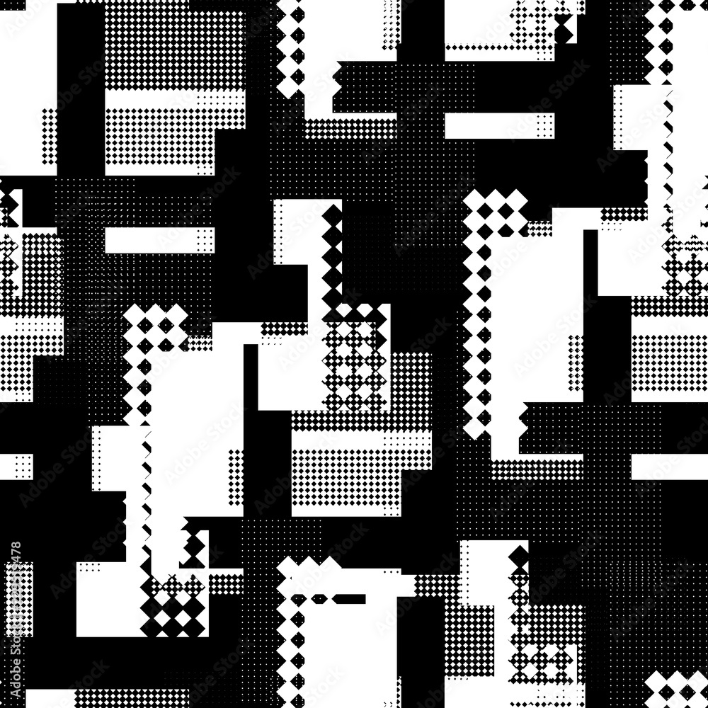 Fototapeta premium Seamless pattern urban design. Black and white print with halftone dots and squares. Watercolor effect. Suitable for bed linen, leggings, shorts and fashion industry.