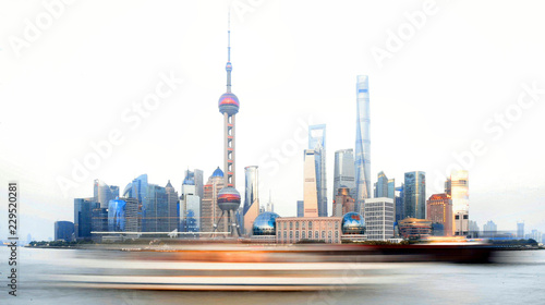 modern architecture   colorful lights and long exposure blured stripes on river of shanghai pudong skyline  China